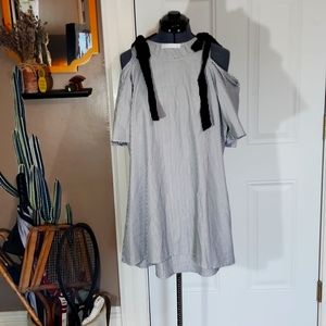 Cut Out Shoulder Preppy Bow Dress Pinstripe
